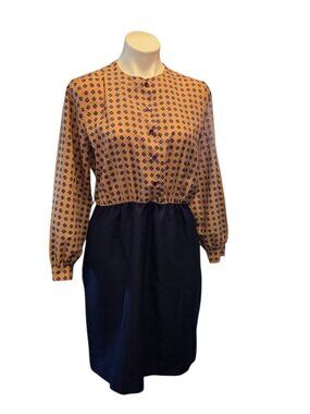 Vintage 70s Sears Roebuck Dress Size 14 Blue Tan 14 Petite Office Business Work